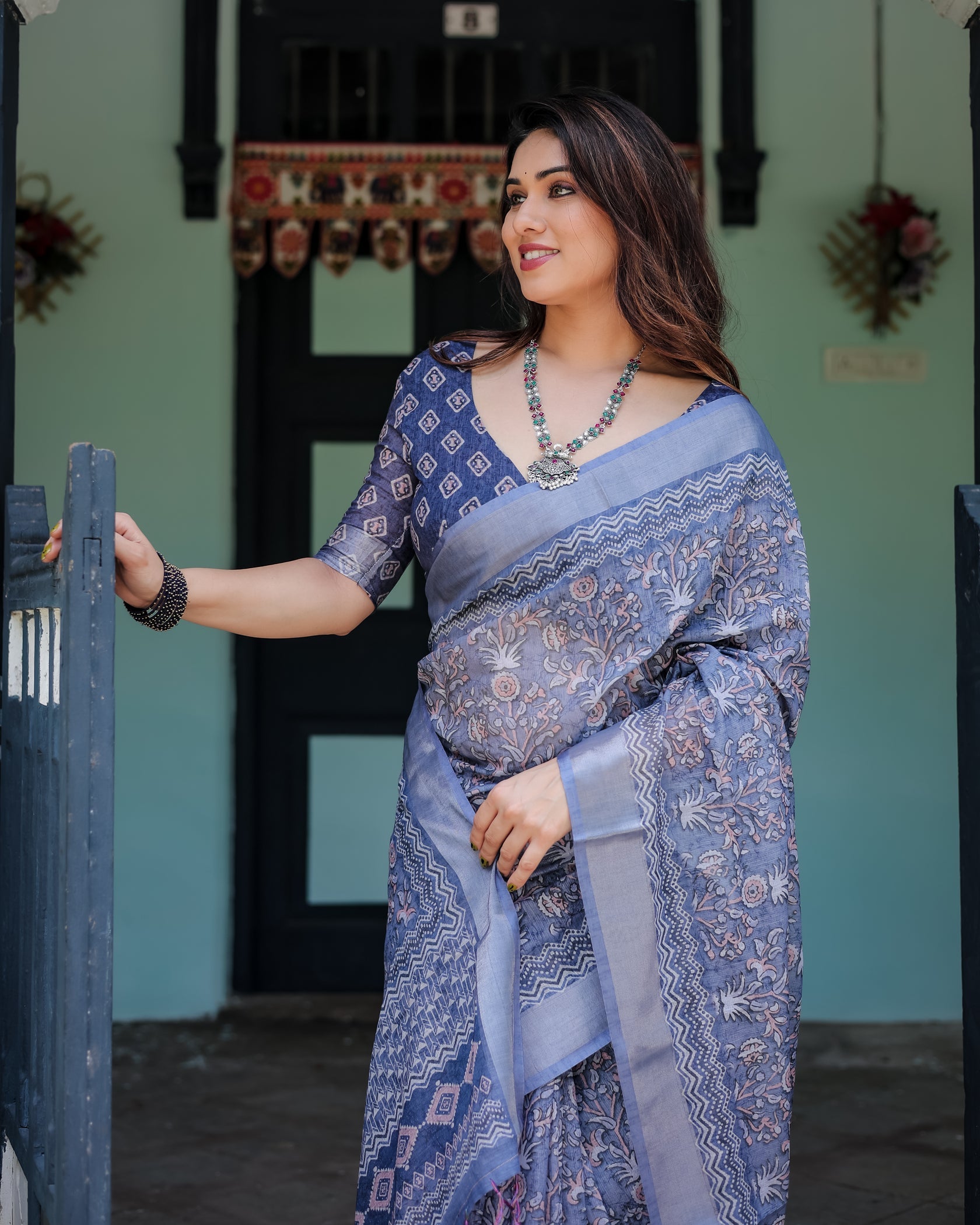 Elegant Dusty Blue Linen Cotton Saree with Ethnic Floral & Artistic Border