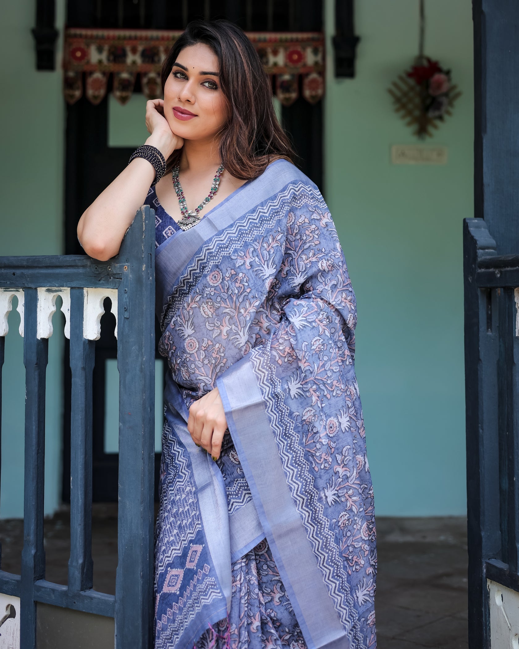 Elegant Dusty Blue Linen Cotton Saree with Ethnic Floral & Artistic Border