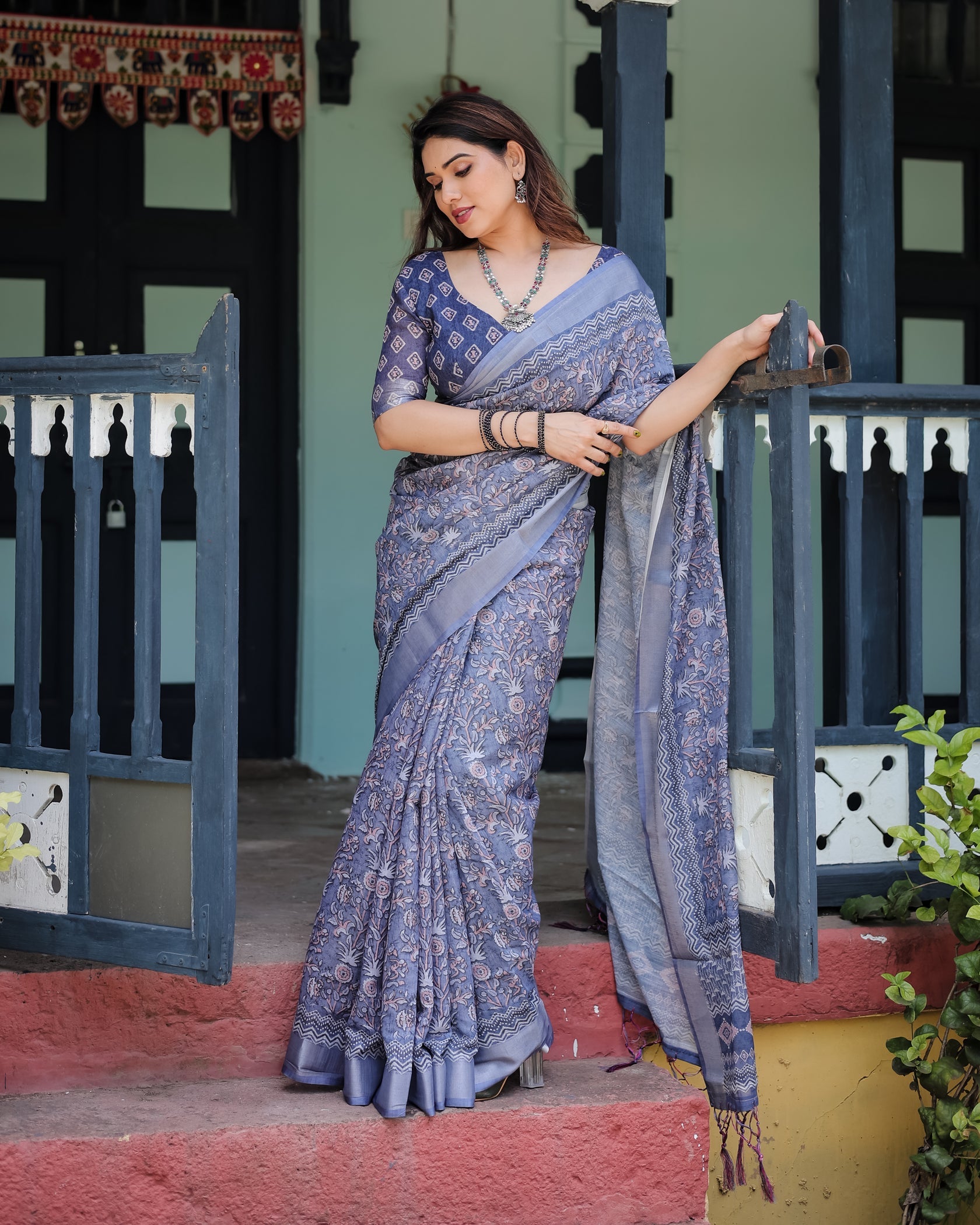 Elegant Dusty Blue Linen Cotton Saree with Ethnic Floral & Artistic Border