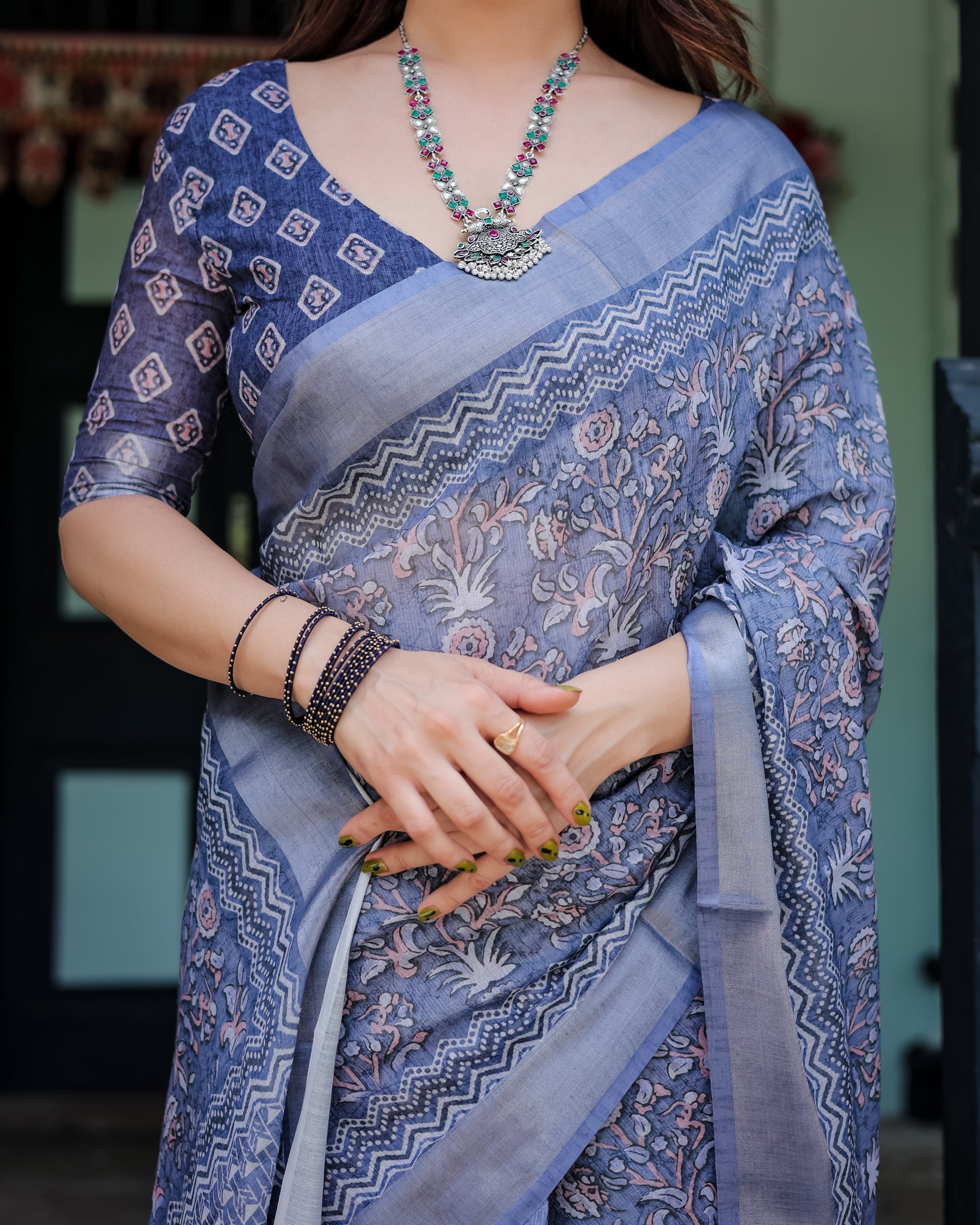 Elegant Dusty Blue Linen Cotton Saree with Ethnic Floral & Artistic Border