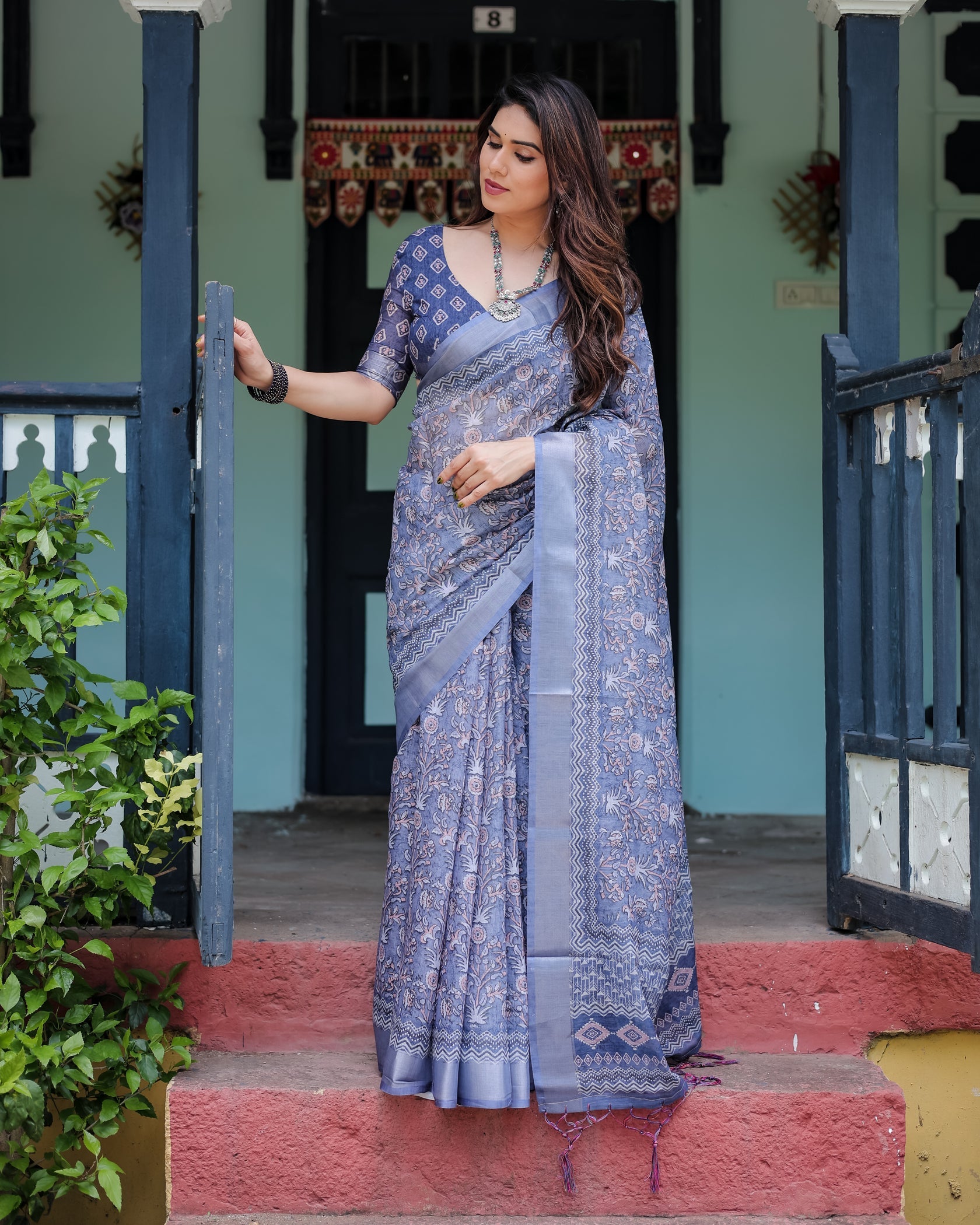 Elegant Dusty Blue Linen Cotton Saree with Ethnic Floral & Artistic Border