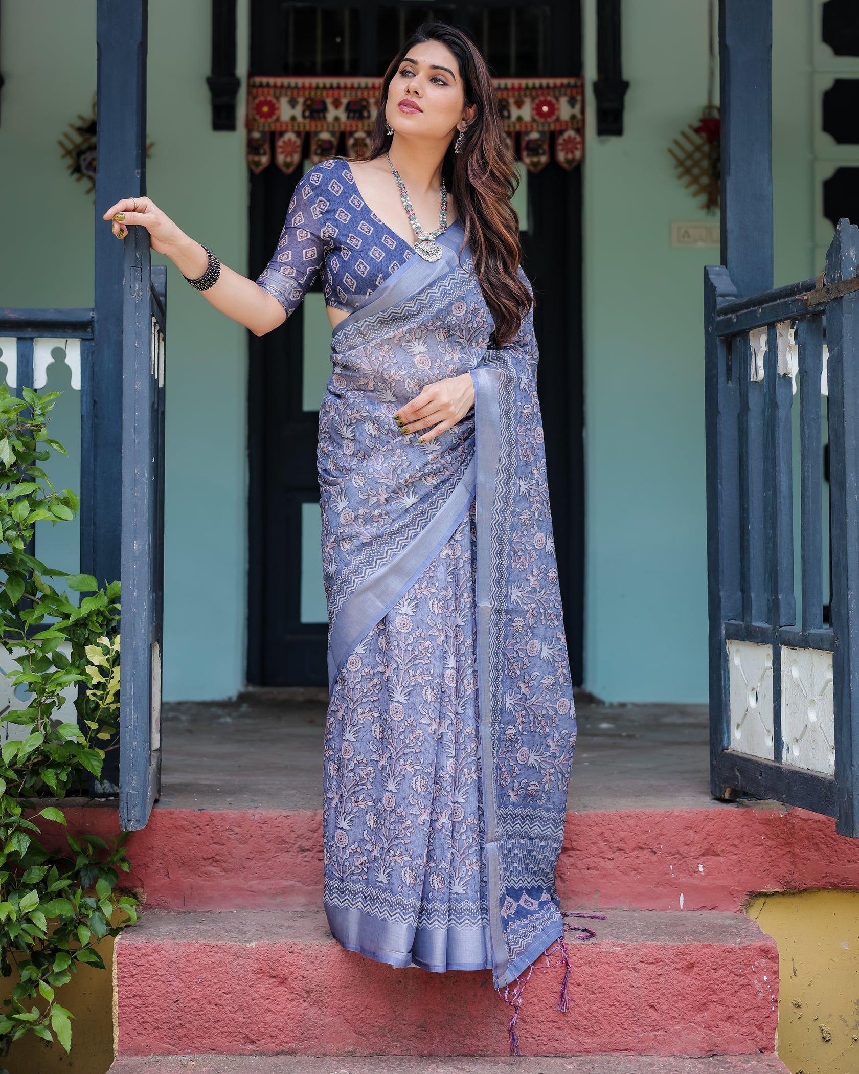 Elegant Dusty Blue Linen Cotton Saree with Ethnic Floral & Artistic Border