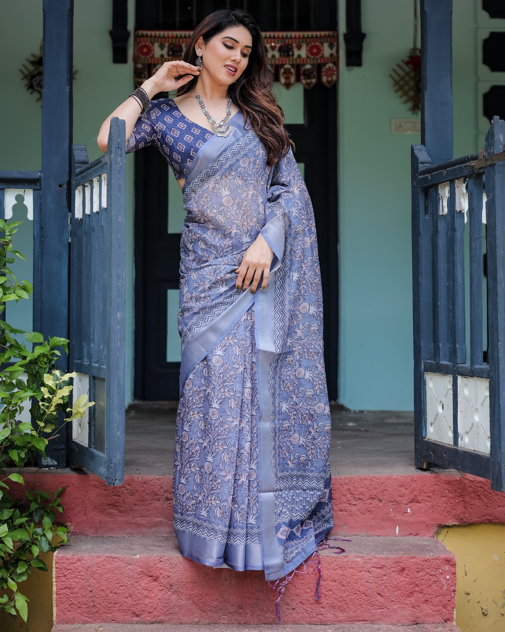 Elegant Dusty Blue Linen Cotton Saree with Ethnic Floral & Artistic Border
