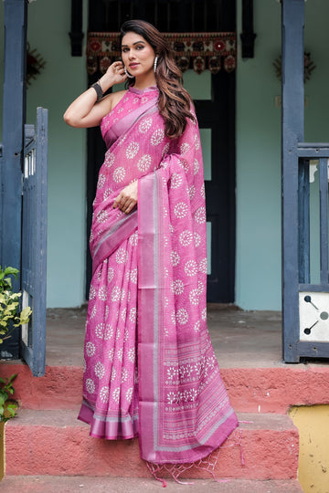 Elegant Rose Pink Linen Cotton Saree with Floral Motifs & Traditional Border