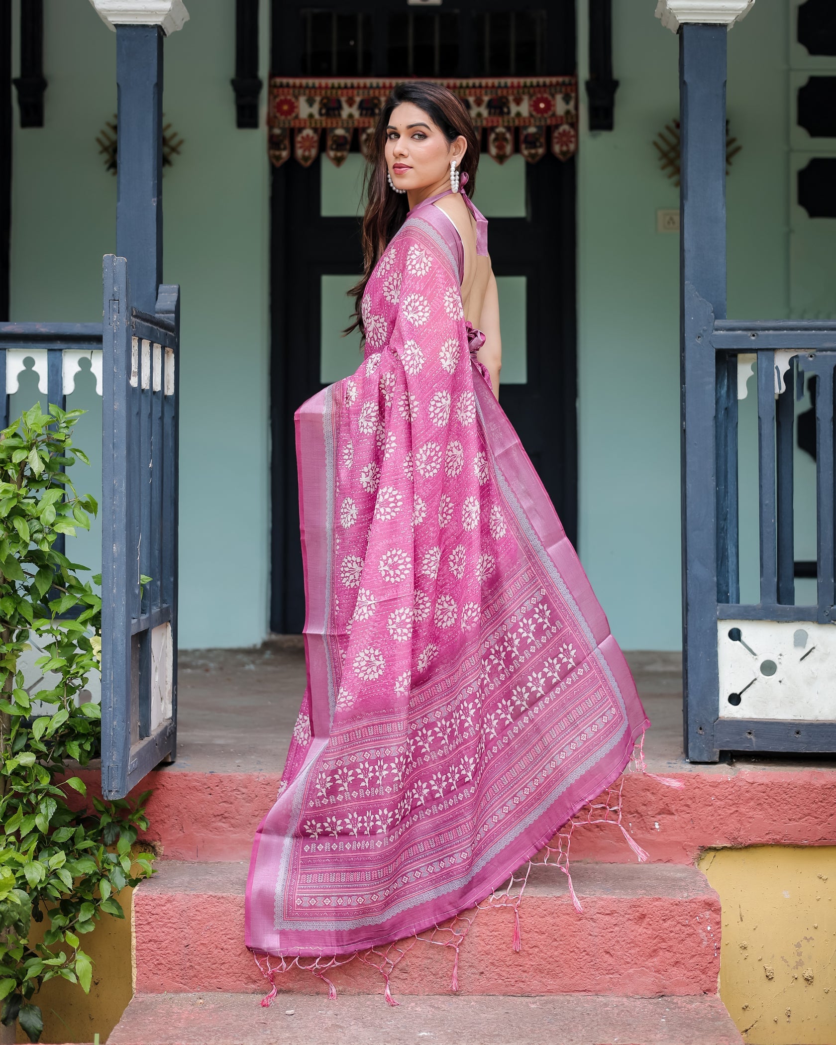 Elegant Rose Pink Linen Cotton Saree with Floral Motifs & Traditional Border