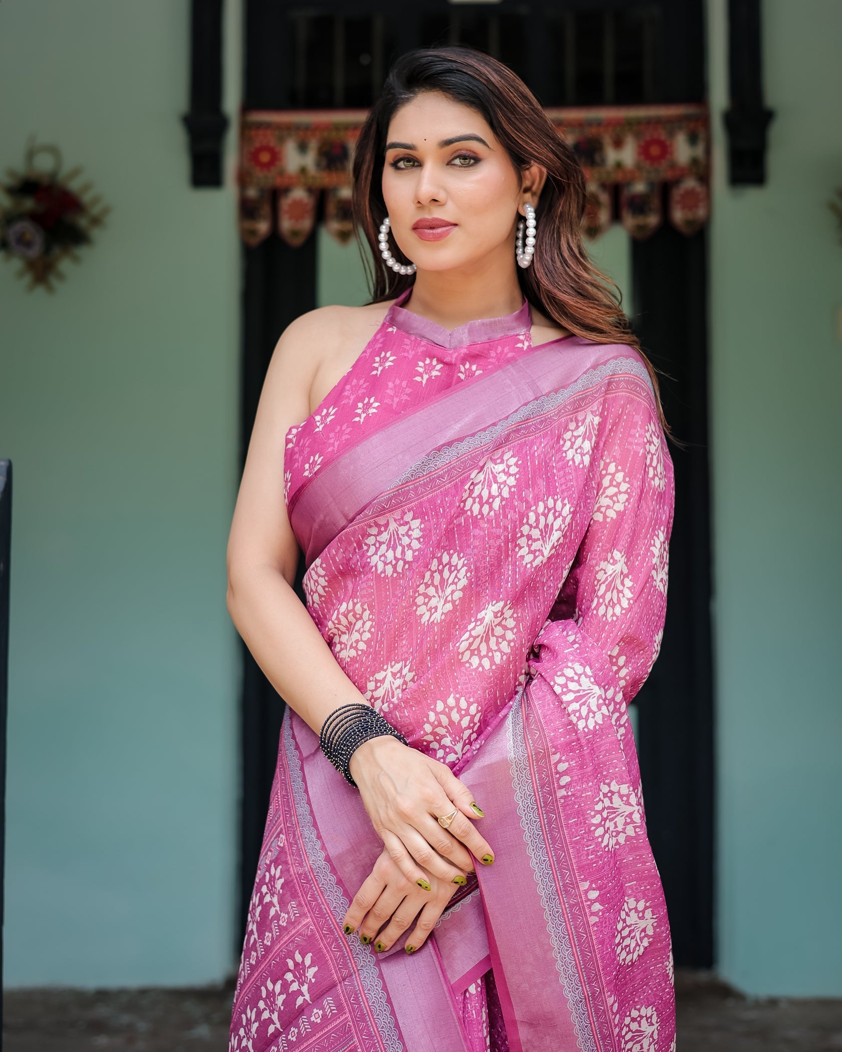 Elegant Rose Pink Linen Cotton Saree with Floral Motifs & Traditional Border