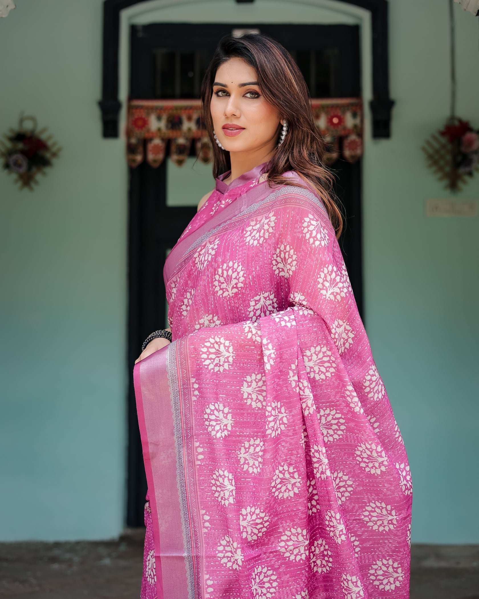 Elegant Rose Pink Linen Cotton Saree with Floral Motifs & Traditional Border