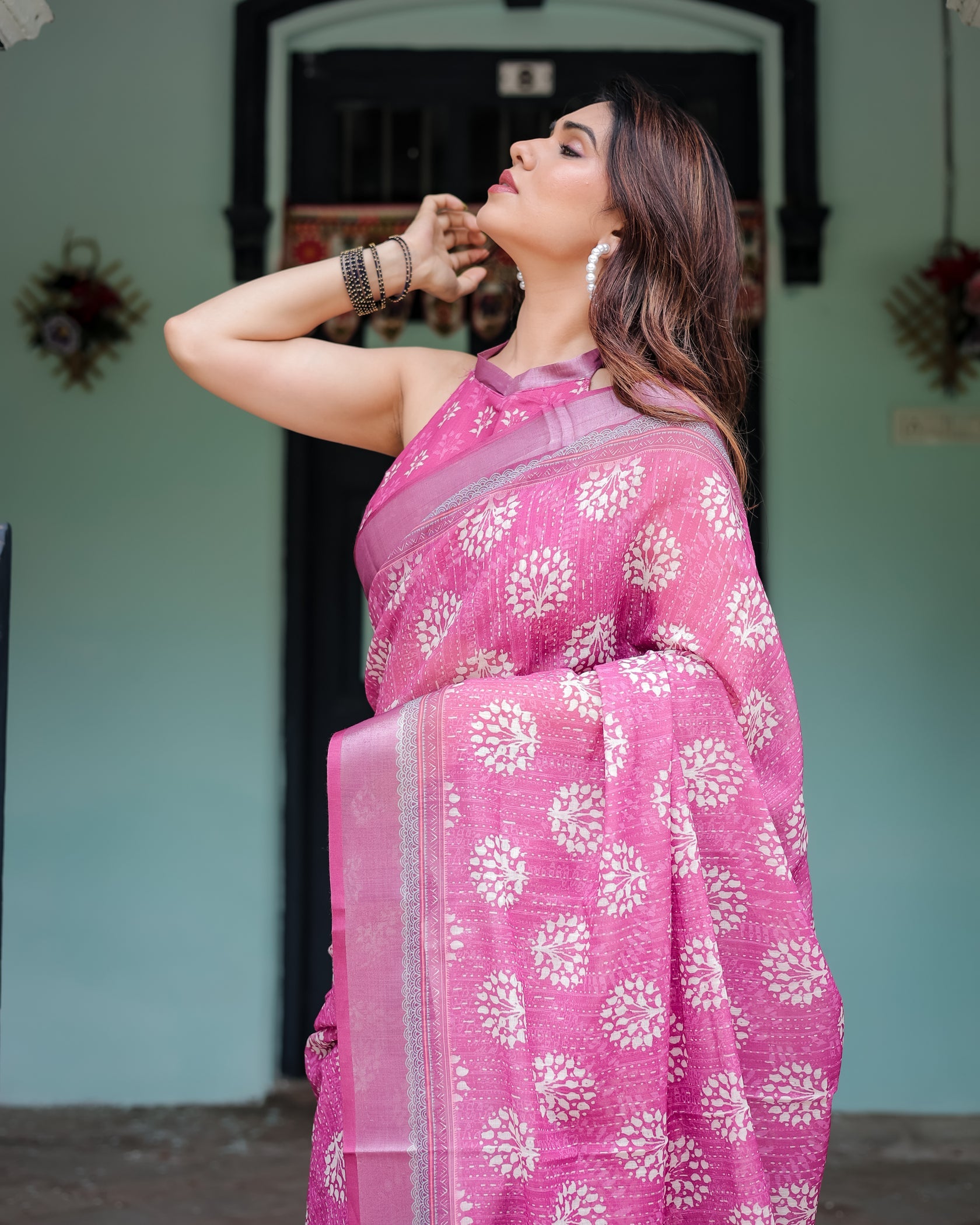 Elegant Rose Pink Linen Cotton Saree with Floral Motifs & Traditional Border