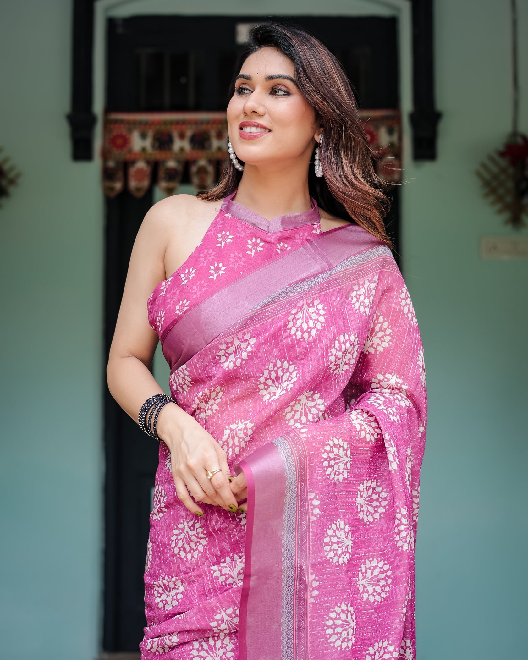 Elegant Rose Pink Linen Cotton Saree with Floral Motifs & Traditional Border