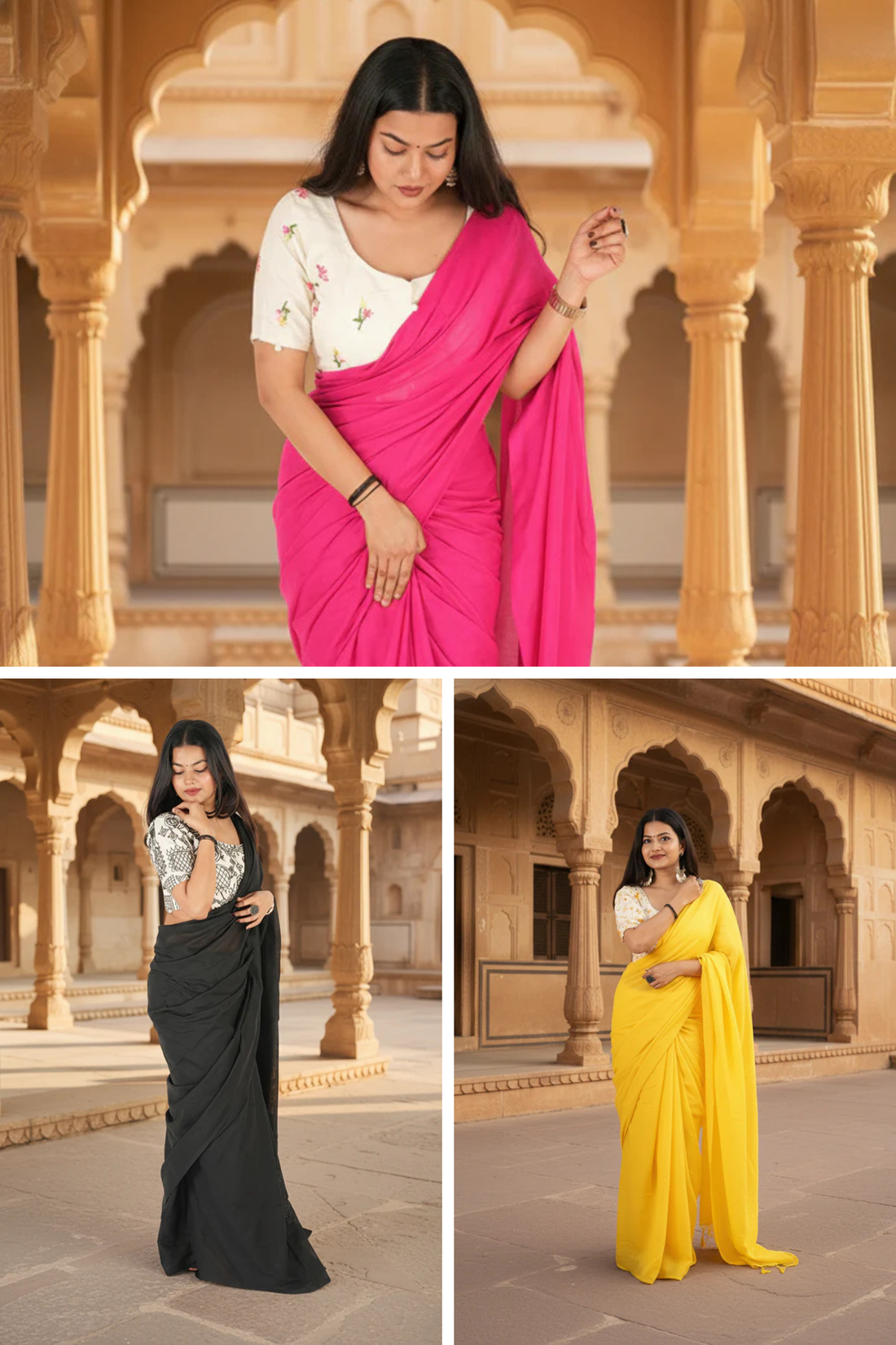 Three women in sarees in a collage with a traditional architectural background.