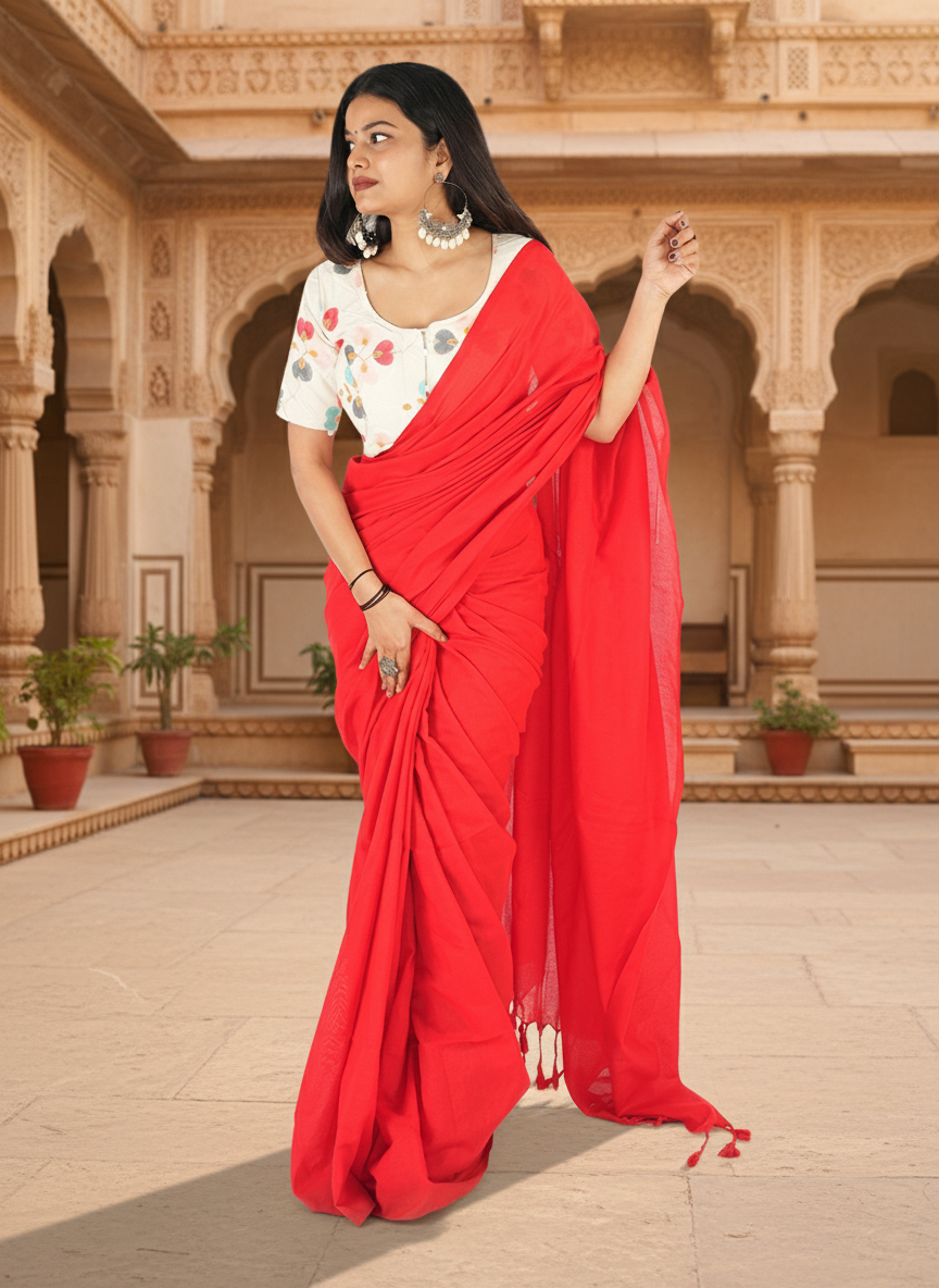 Crimson Red Khadi Cotton Saree with Embroidered & Stitched Blouse