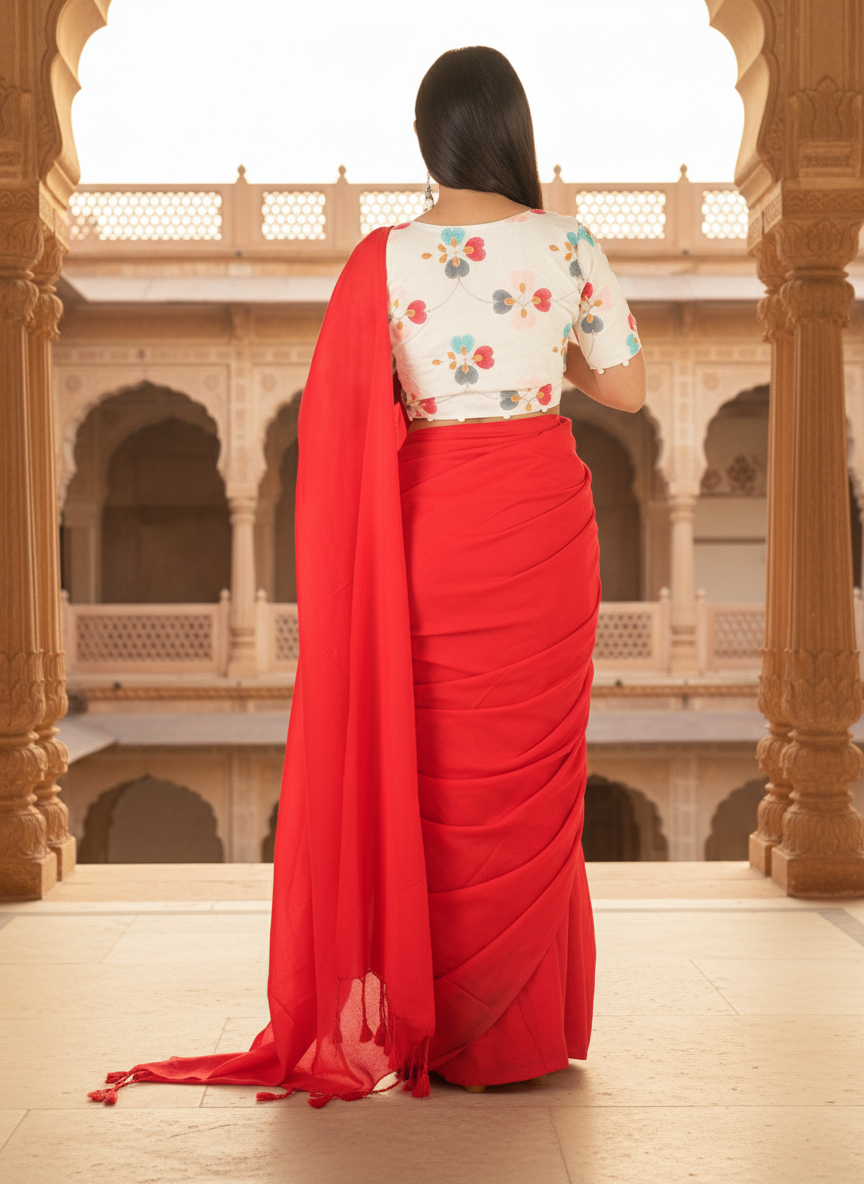 Crimson Red Khadi Cotton Saree with Embroidered & Stitched Blouse