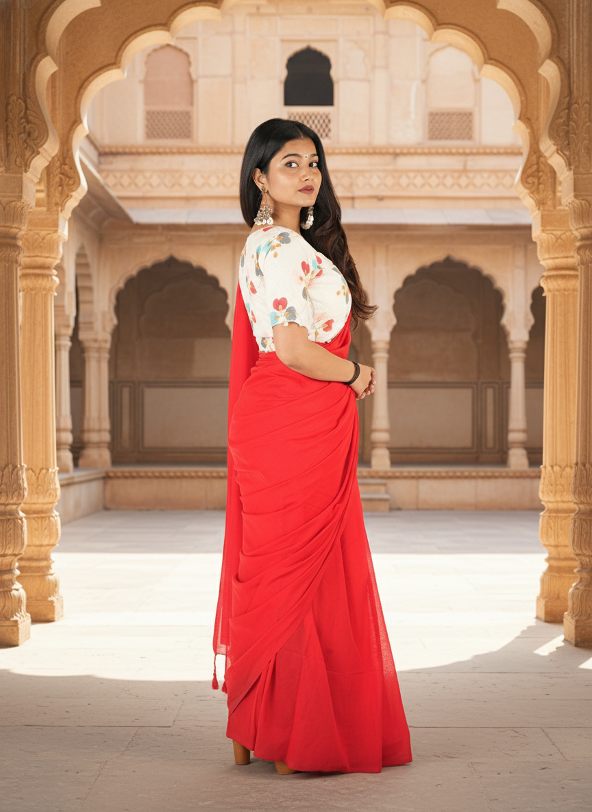 Crimson Red Khadi Cotton Saree with Embroidered & Stitched Blouse