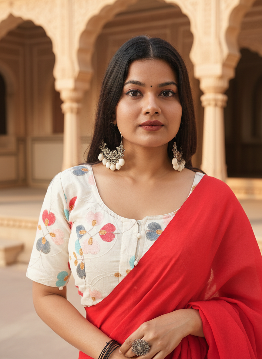 Crimson Red Khadi Cotton Saree with Embroidered & Stitched Blouse