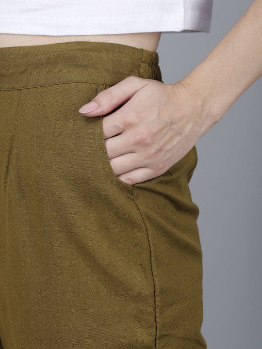 Olive Green Women Comfort Pleated Trousers