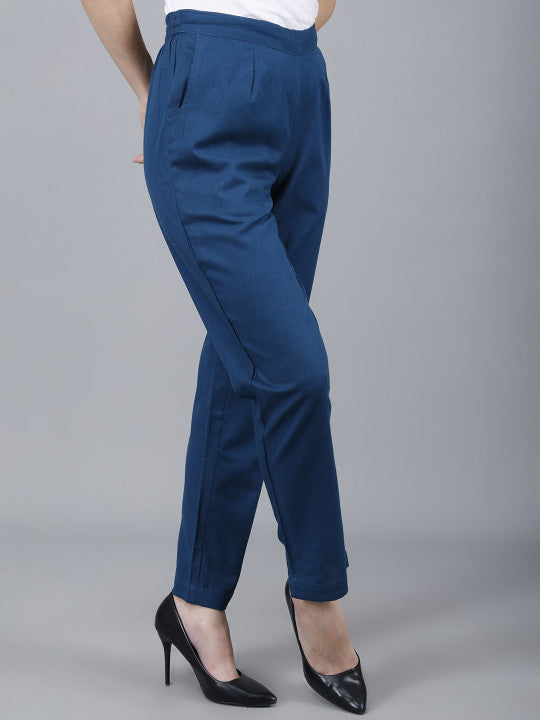 Navy Blue Women Comfort Pleated Trousers