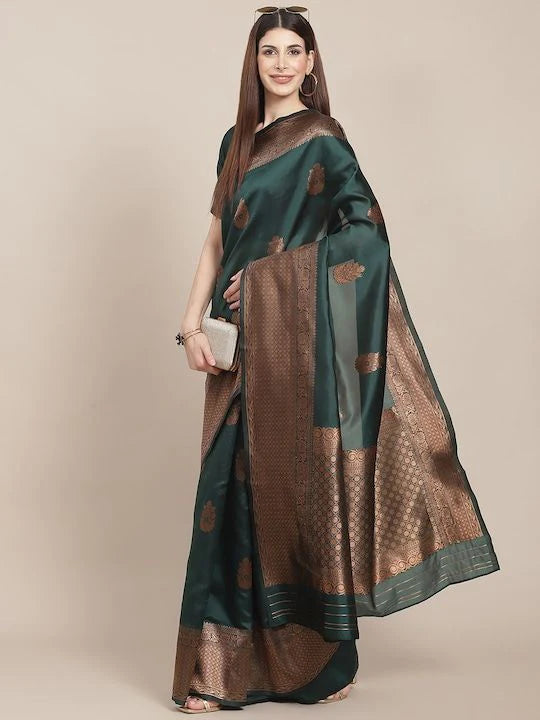 Emerald Green Woven Silk Blend Saree with Antique Gold Zari Border