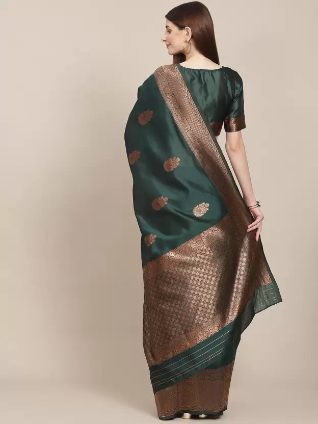 Emerald Green Woven Silk Blend Saree with Antique Gold Zari Border