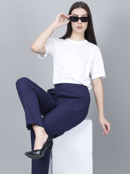 Blue Women Comfort Pleated Trousers