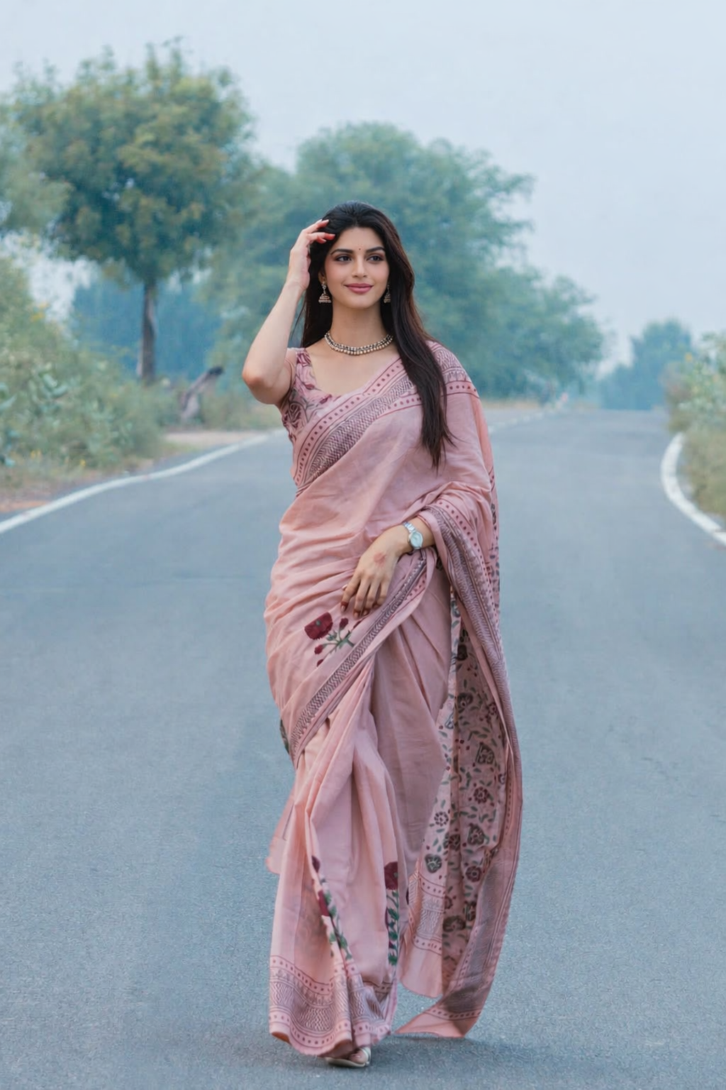Elegant Dusty Pink Linen Cotton Saree with Floral Print Border
