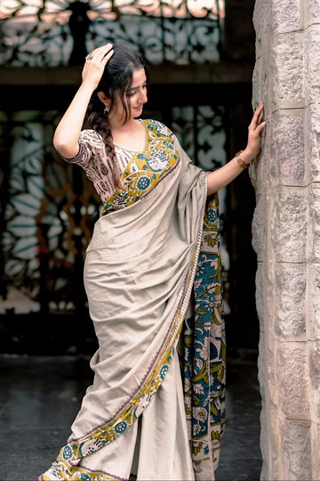 Elegant Grey Linen Cotton Saree with Kalamkari Inspired Border & Printed Blouse