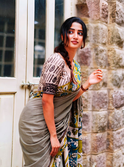 Elegant Grey Linen Cotton Saree with Kalamkari Inspired Border & Printed Blouse