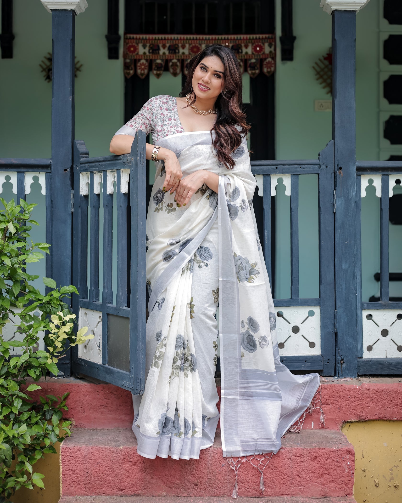 Elegant Mist Grey Linen Cotton Saree with Soft Floral Print