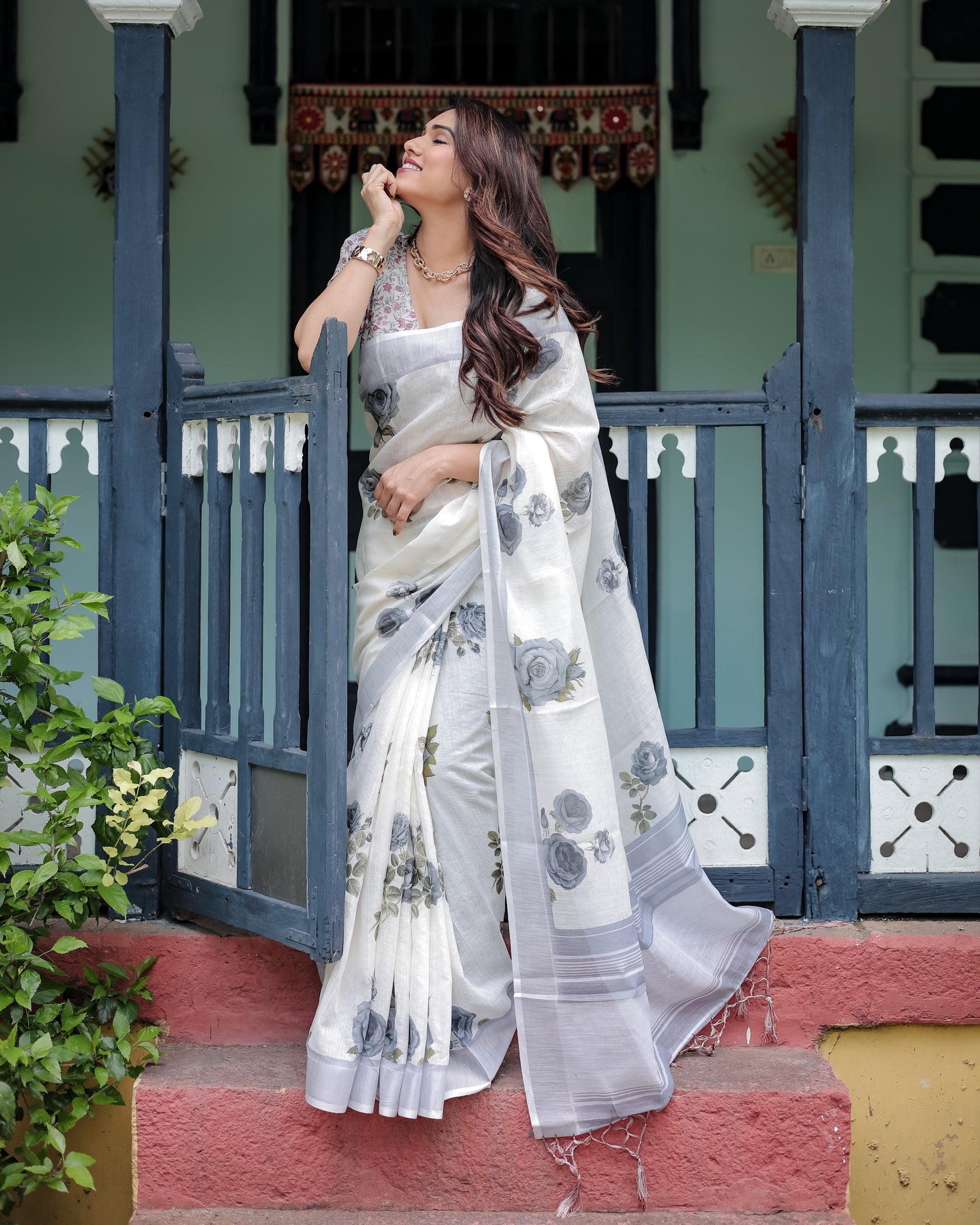 Elegant Mist Grey Linen Cotton Saree with Soft Floral Print