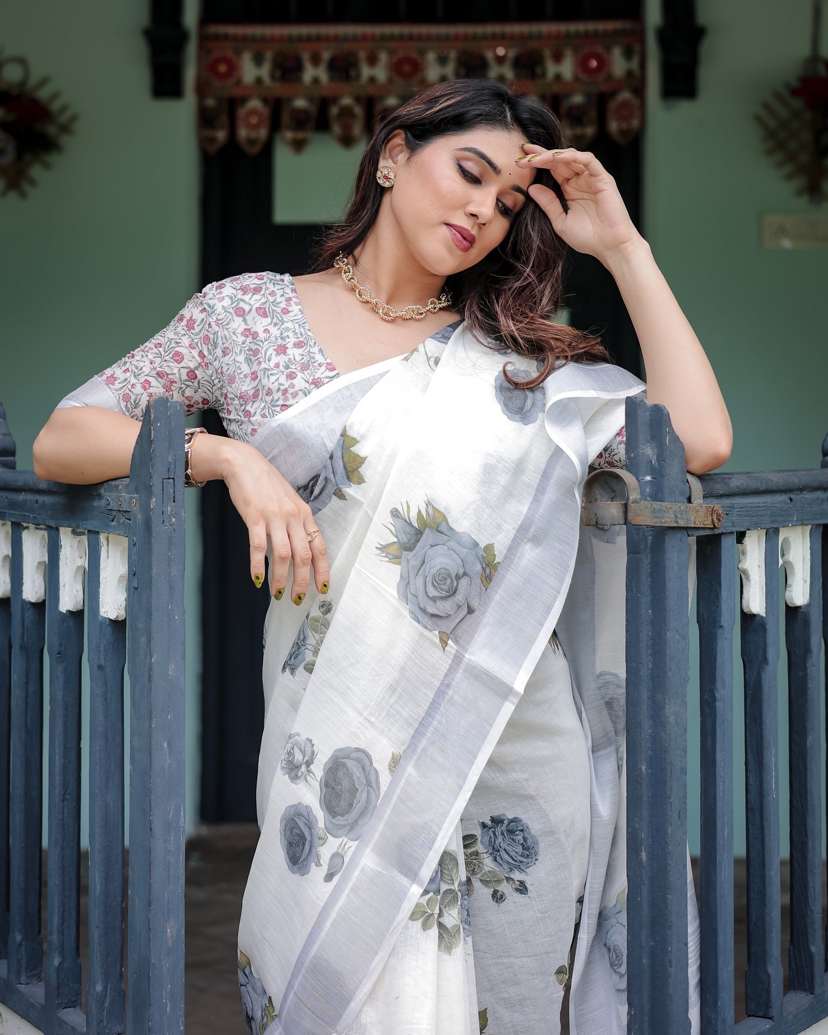 Elegant Mist Grey Linen Cotton Saree with Soft Floral Print