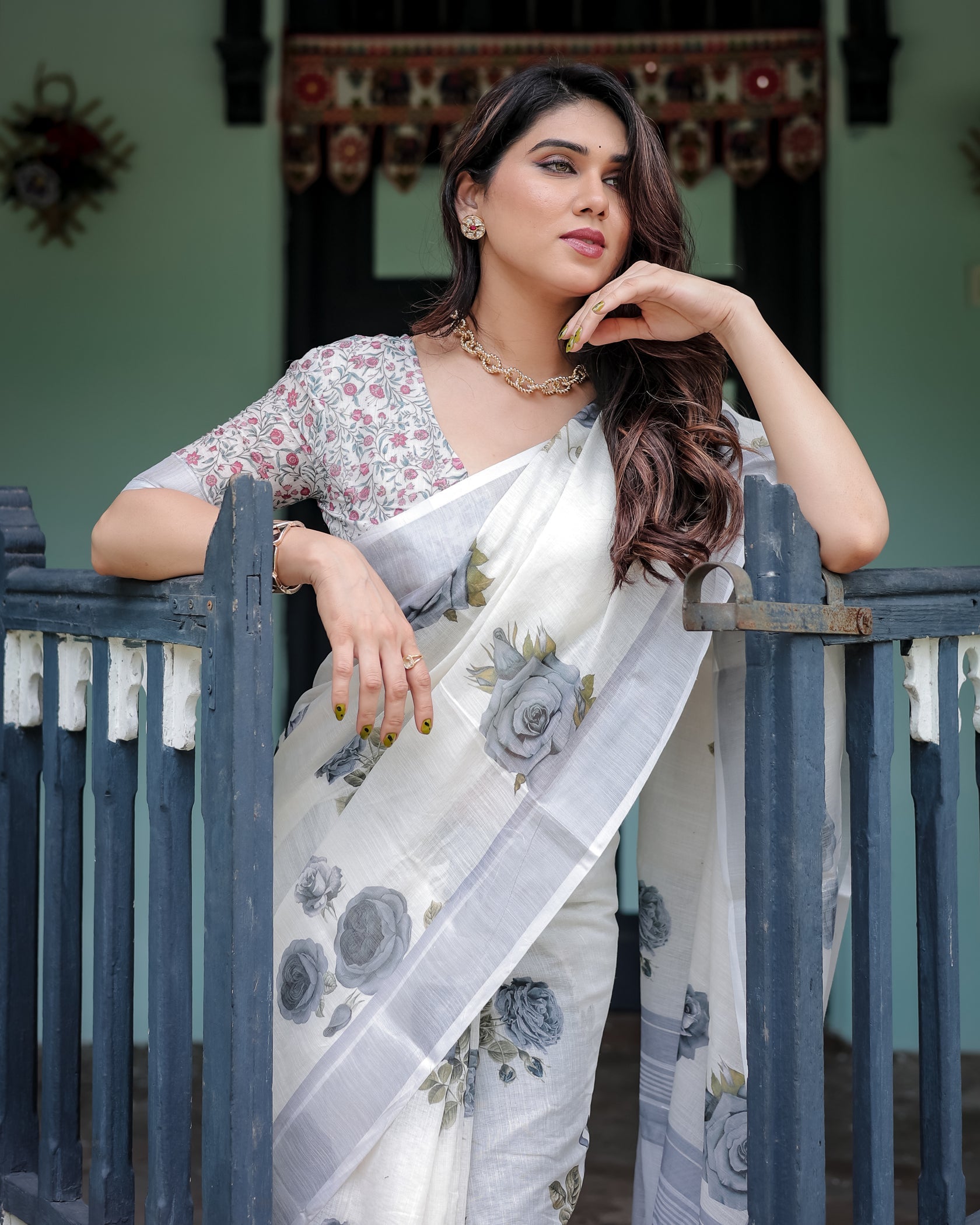 Elegant Mist Grey Linen Cotton Saree with Soft Floral Print