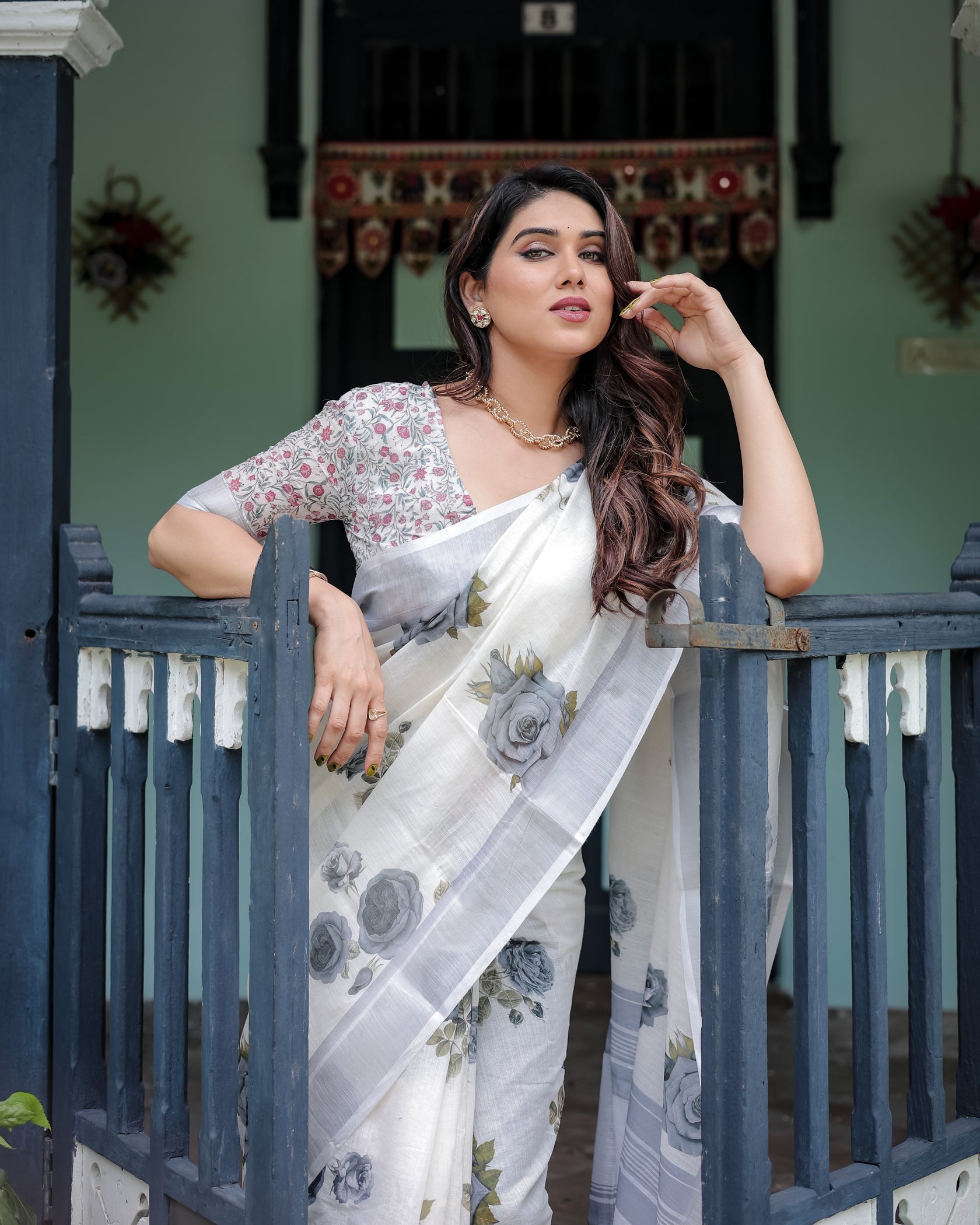 Elegant Mist Grey Linen Cotton Saree with Soft Floral Print