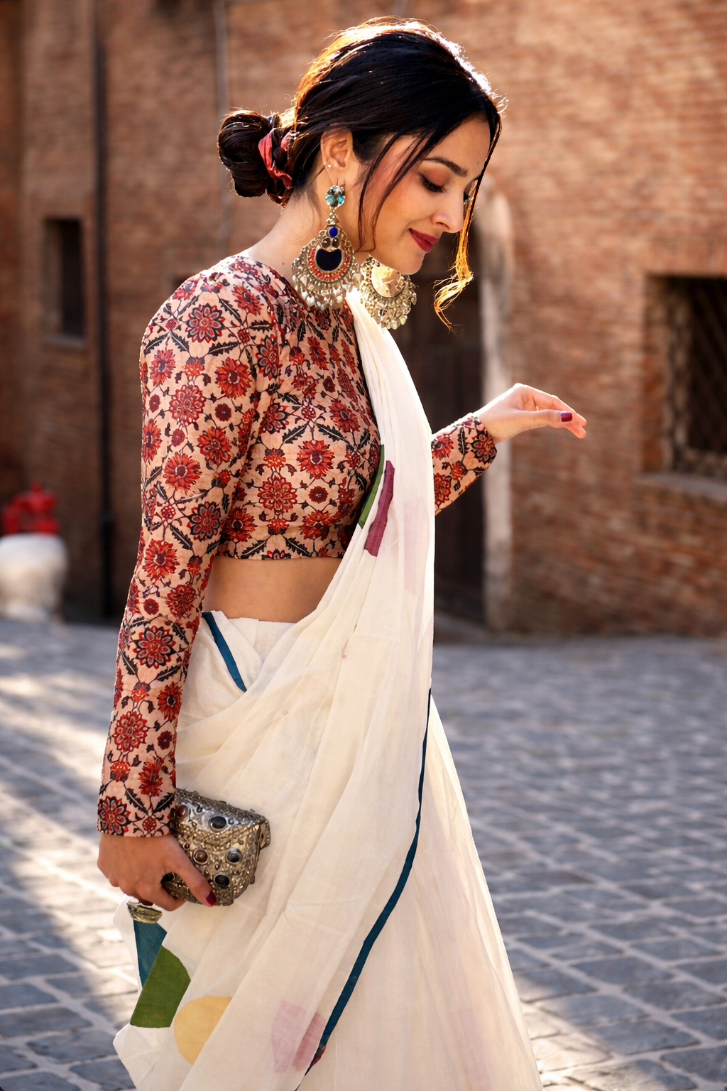 Elegant Off-White Linen Cotton Saree with Multicolor Polka Dot Print