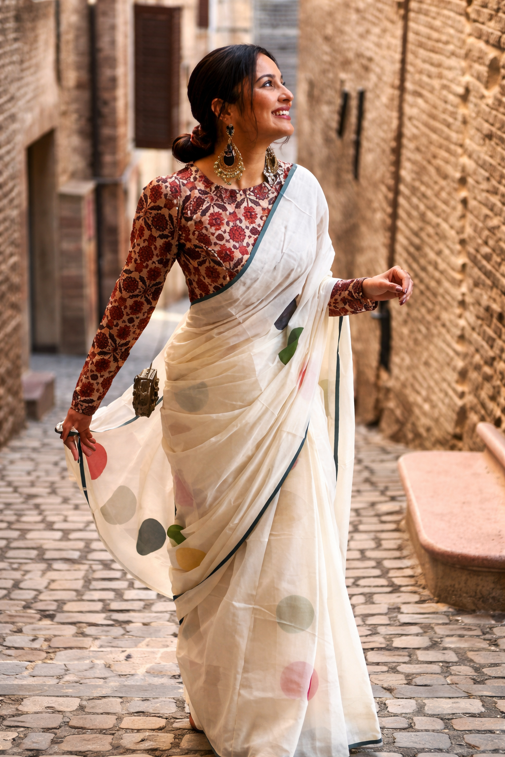 Elegant Off-White Linen Cotton Saree with Multicolor Polka Dot Print