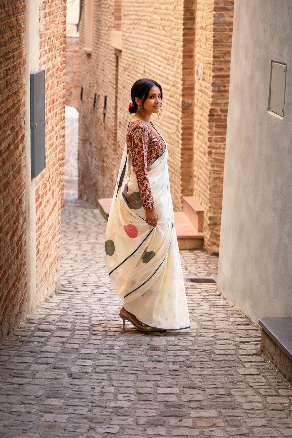 Elegant Off-White Linen Cotton Saree with Multicolor Polka Dot Print