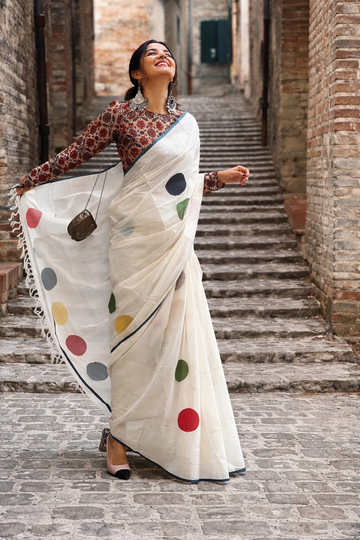 Elegant Off-White Linen Cotton Saree with Multicolor Polka Dot Print