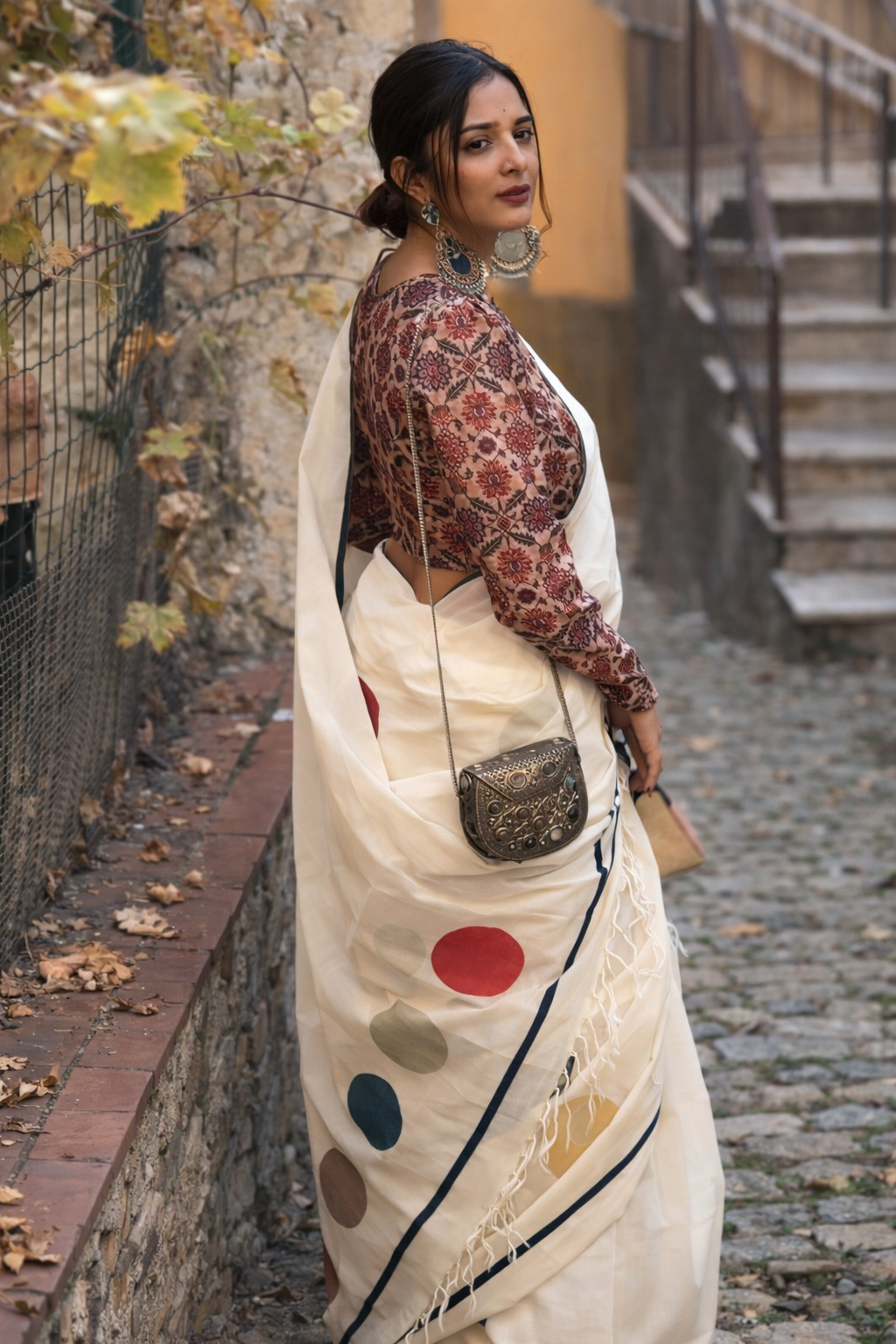 Elegant Off-White Linen Cotton Saree with Multicolor Polka Dot Print