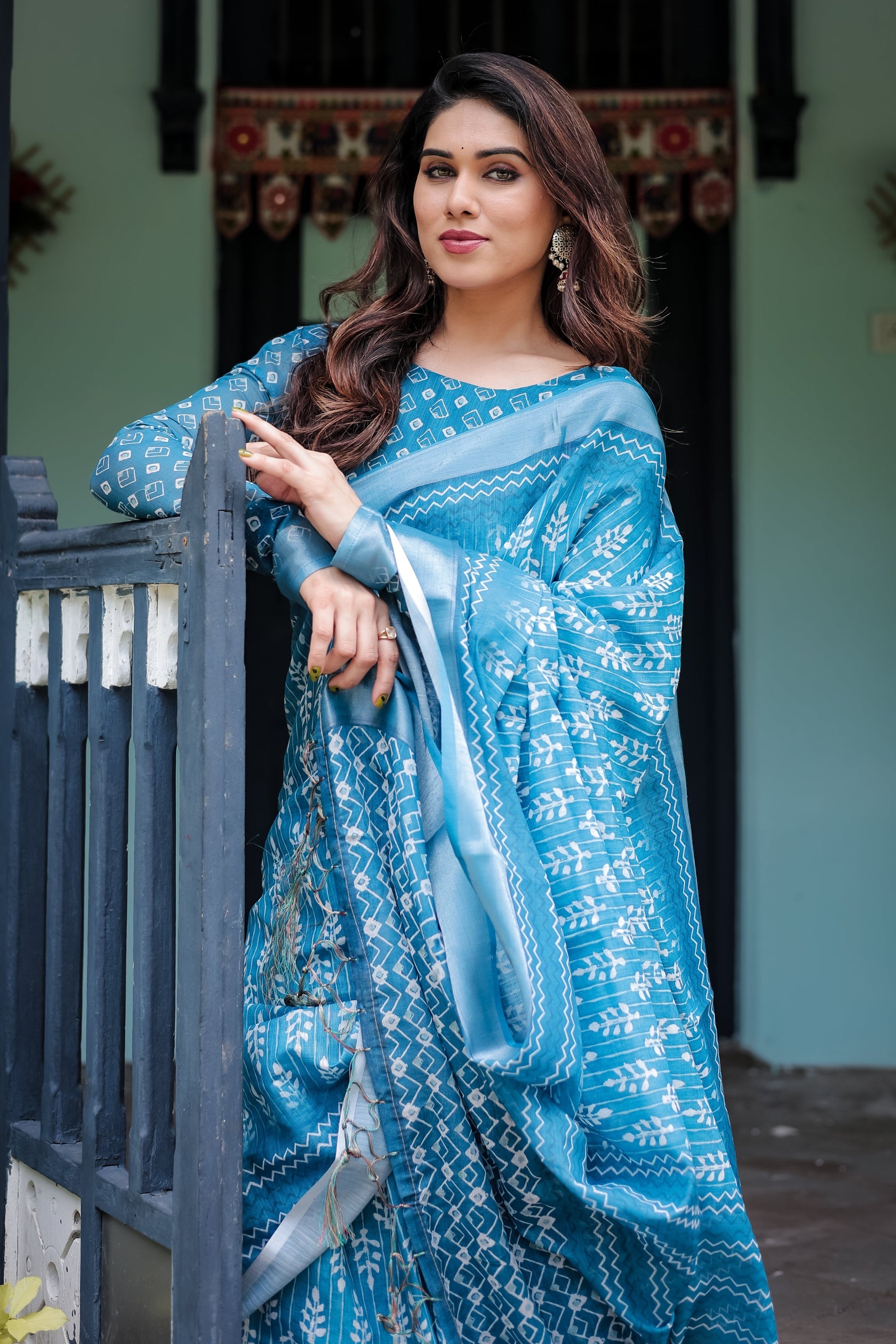 Elegant Sky Blue Printed Cotton Saree with Traditional Border Design