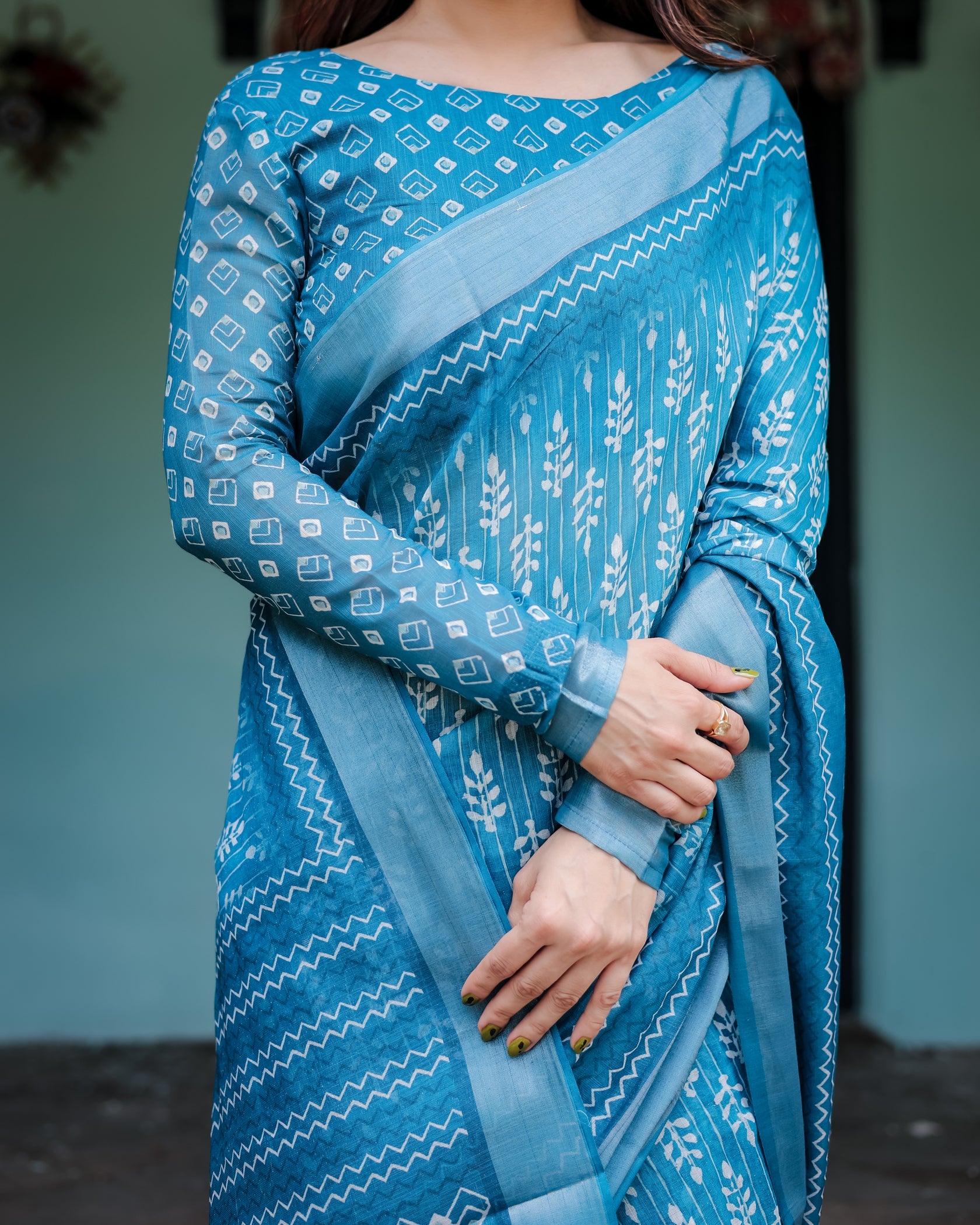 Elegant Sky Blue Printed Cotton Saree with Traditional Border Design