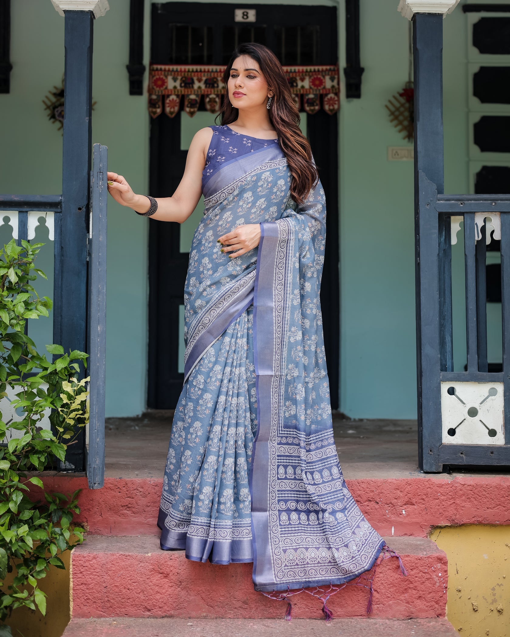 Elegant Slate Blue Floral Printed Cotton Saree with Contrast Border