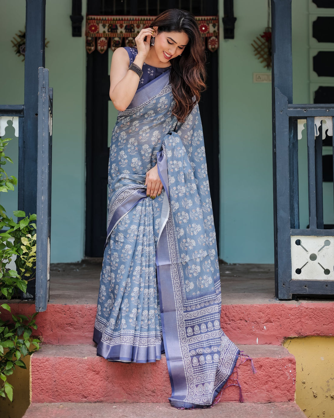 Elegant Slate Blue Floral Printed Cotton Saree with Contrast Border