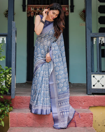Elegant Slate Blue Floral Printed Cotton Saree with Contrast Border