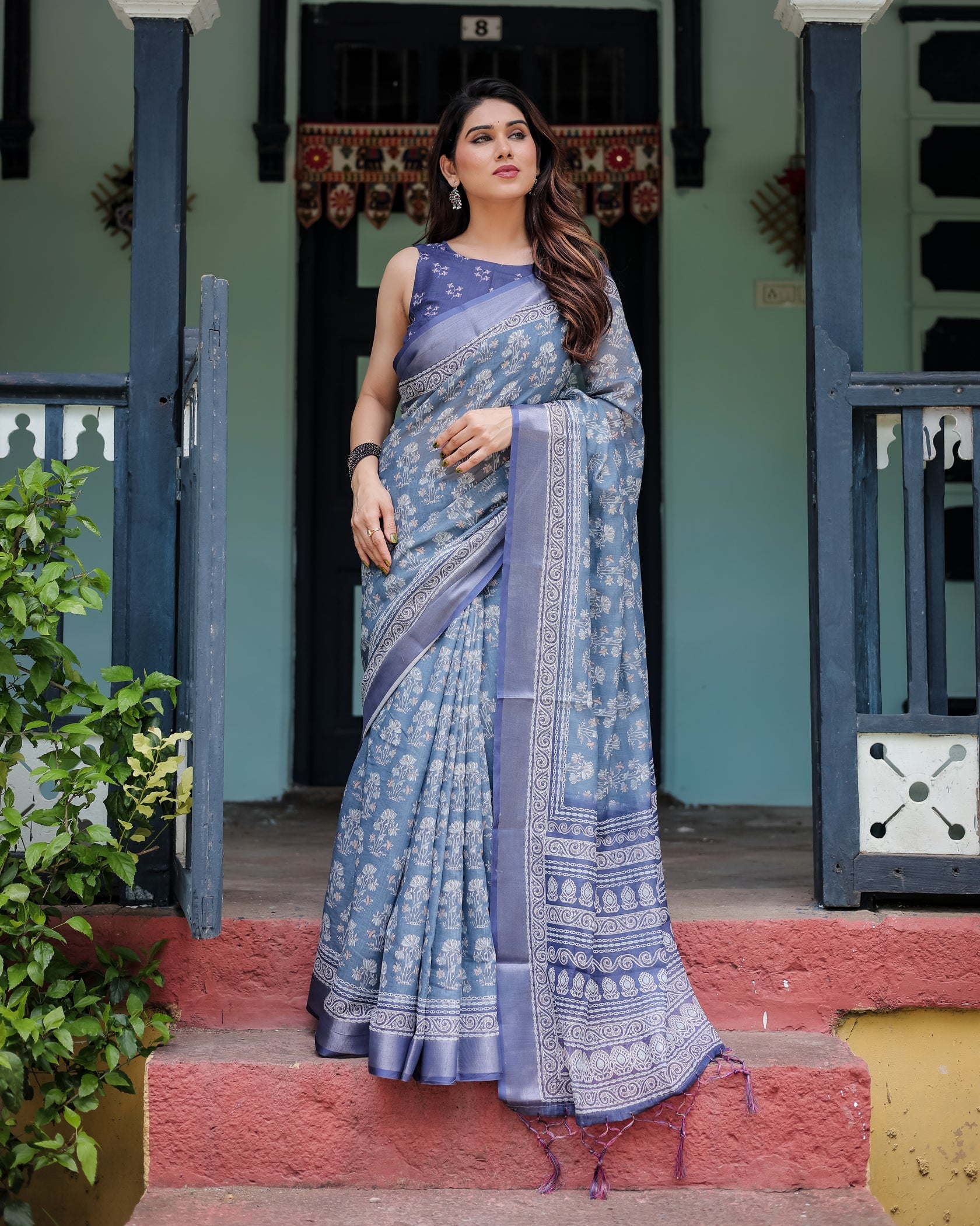 Elegant Slate Blue Floral Printed Cotton Saree with Contrast Border