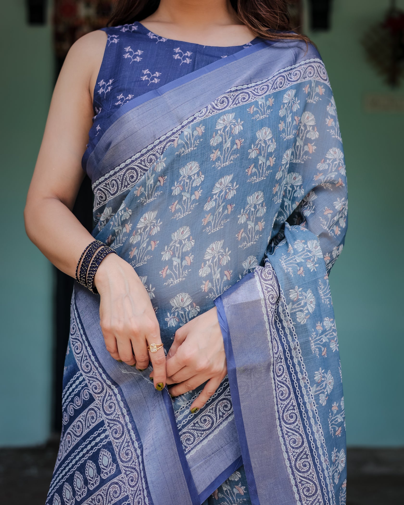 Elegant Slate Blue Floral Printed Cotton Saree with Contrast Border