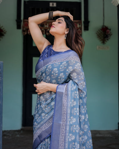 Elegant Slate Blue Floral Printed Cotton Saree with Contrast Border