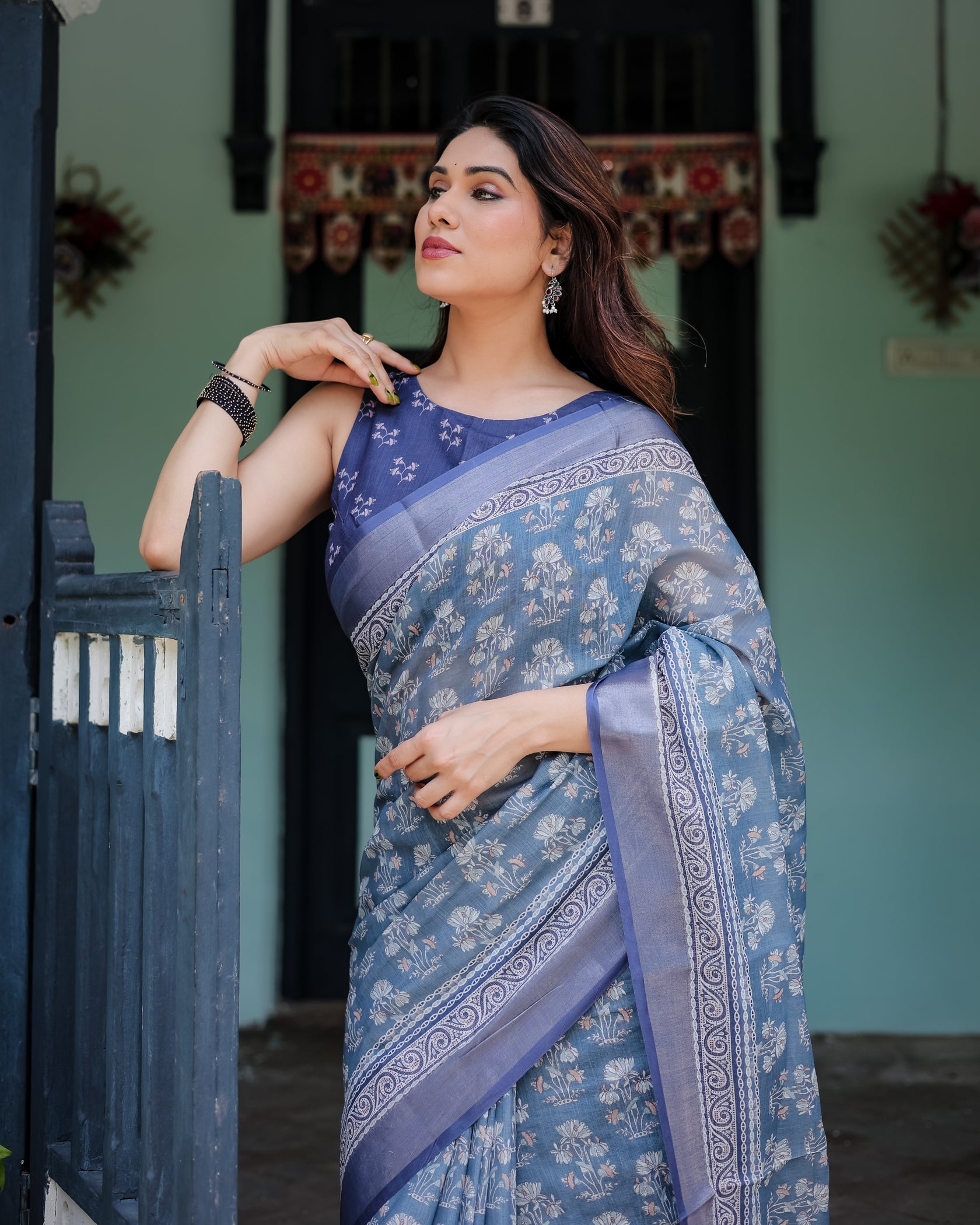 Elegant Slate Blue Floral Printed Cotton Saree with Contrast Border