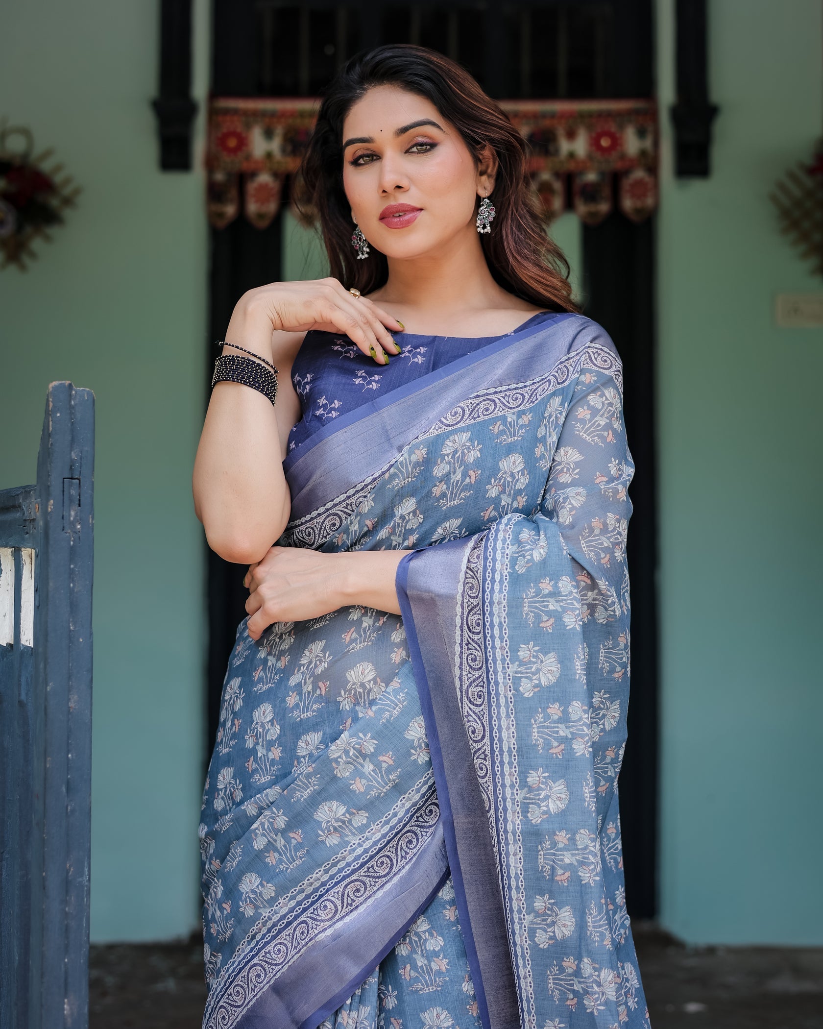 Elegant Slate Blue Floral Printed Cotton Saree with Contrast Border