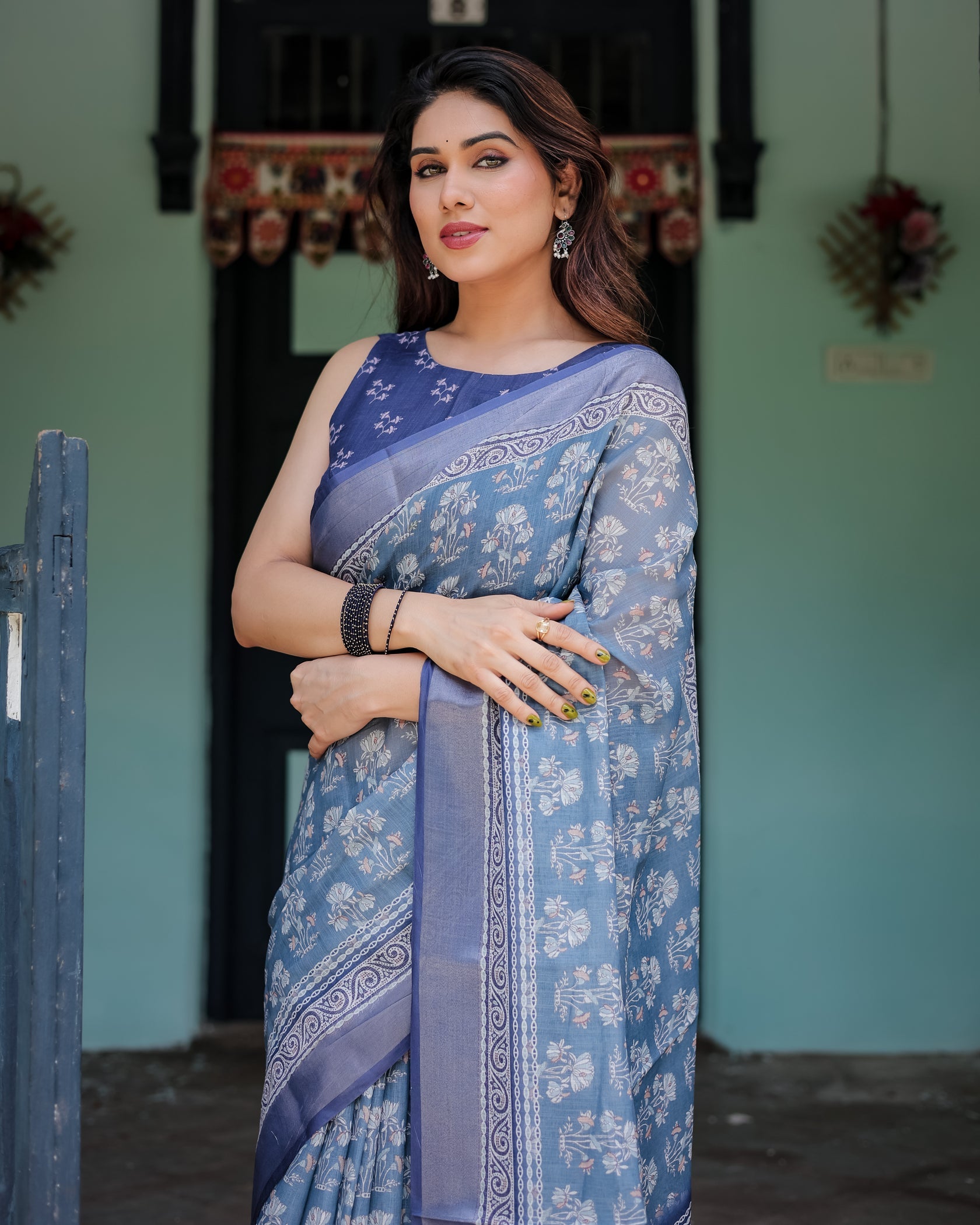 Elegant Slate Blue Floral Printed Cotton Saree with Contrast Border