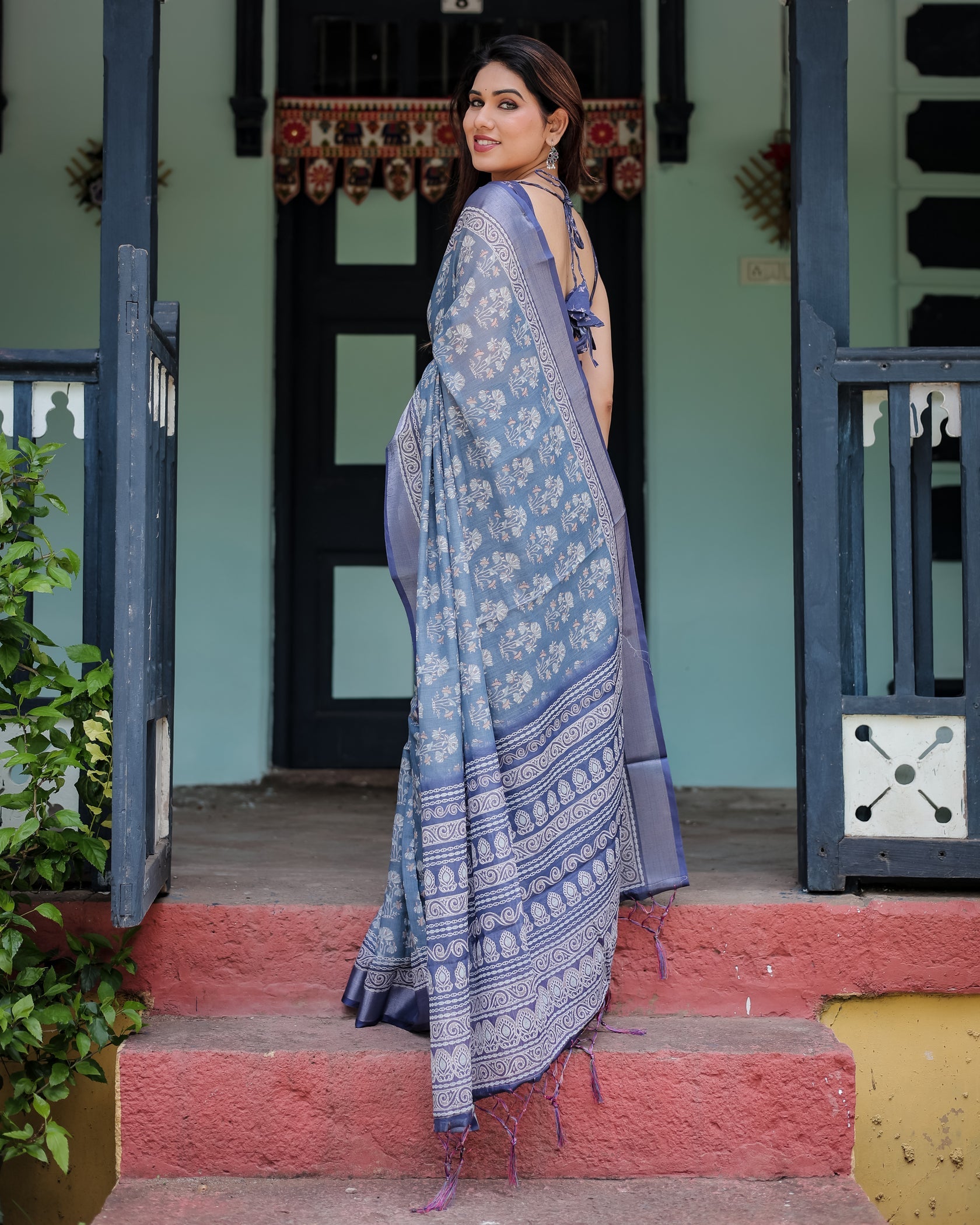Elegant Slate Blue Floral Printed Cotton Saree with Contrast Border