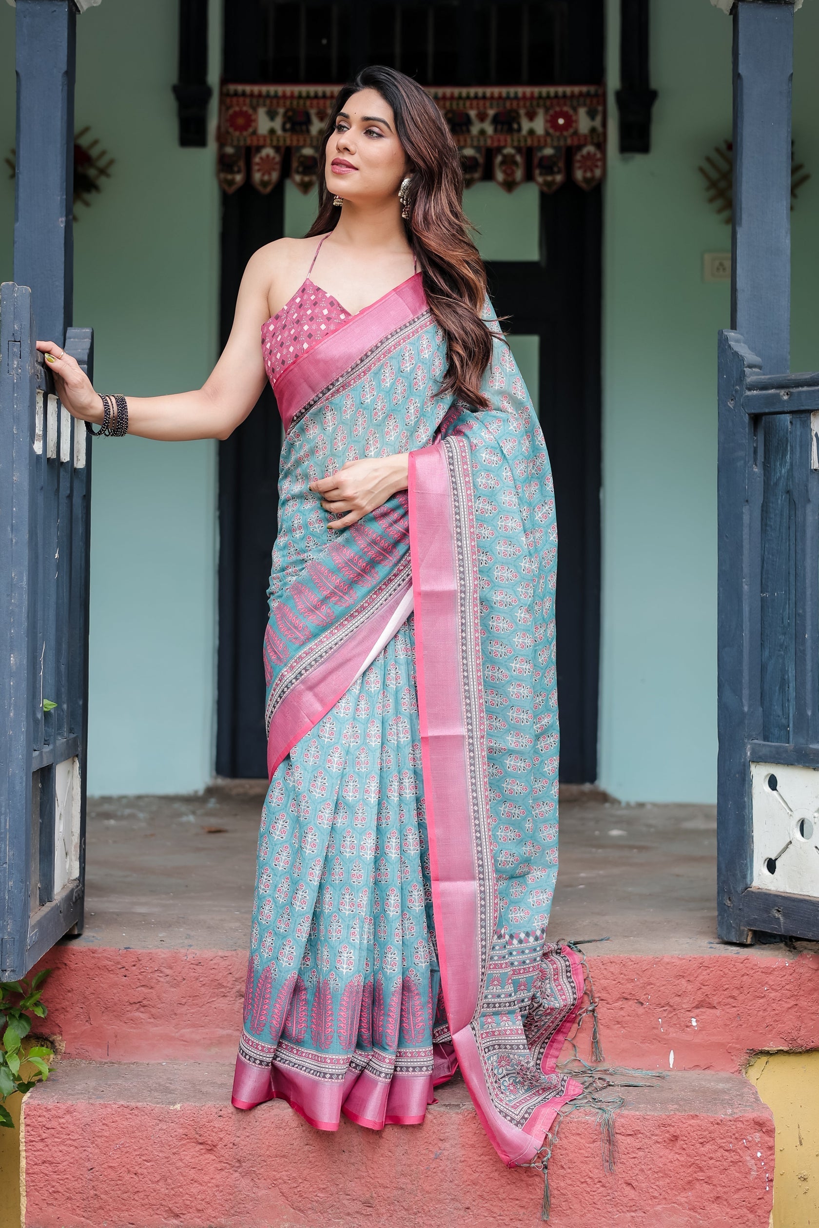 Elegant Teal Linen Cotton Saree with Pink Printed Border & Ethnic Motifs