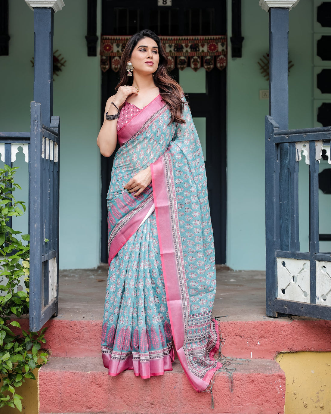 Elegant Teal Linen Cotton Saree with Pink Printed Border & Ethnic Motifs